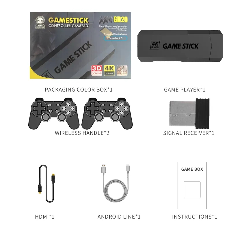 High Quality GD20 Game Stick Console 40000+ Games Emuelec Wireless Controller 4K HD console game for PS1 N64