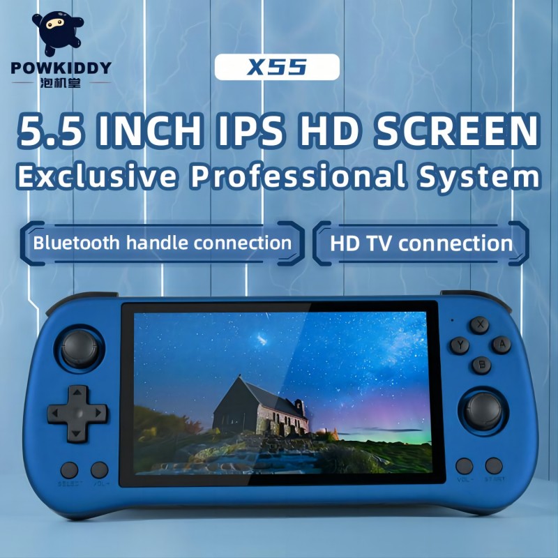 New arrival Powkiddy X55 handheld game player 5.5 inch big screen linux system RK3566 support PS1 HD AV output